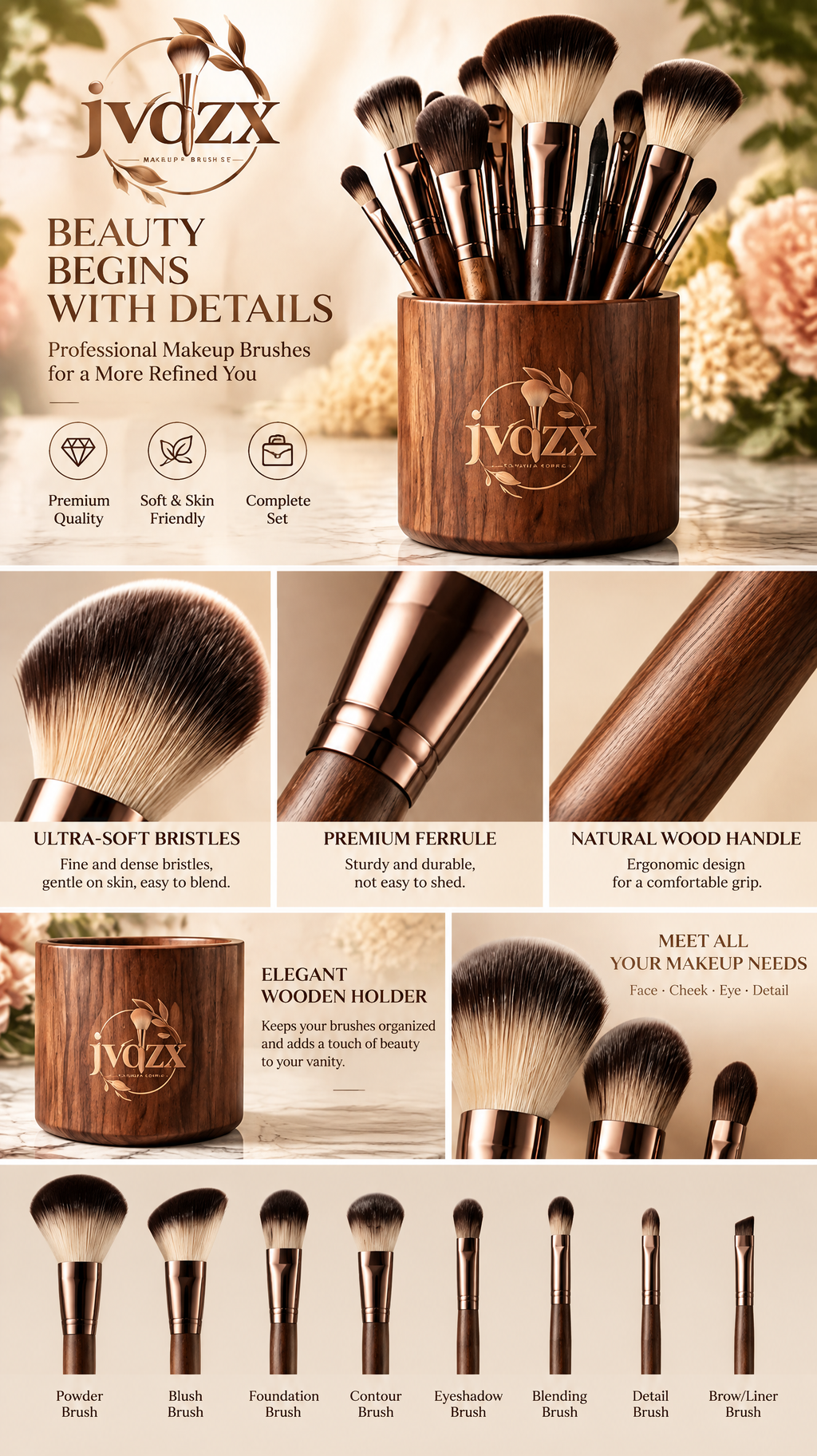 JVQZX Elegant Everyday Makeup Brush Set 11